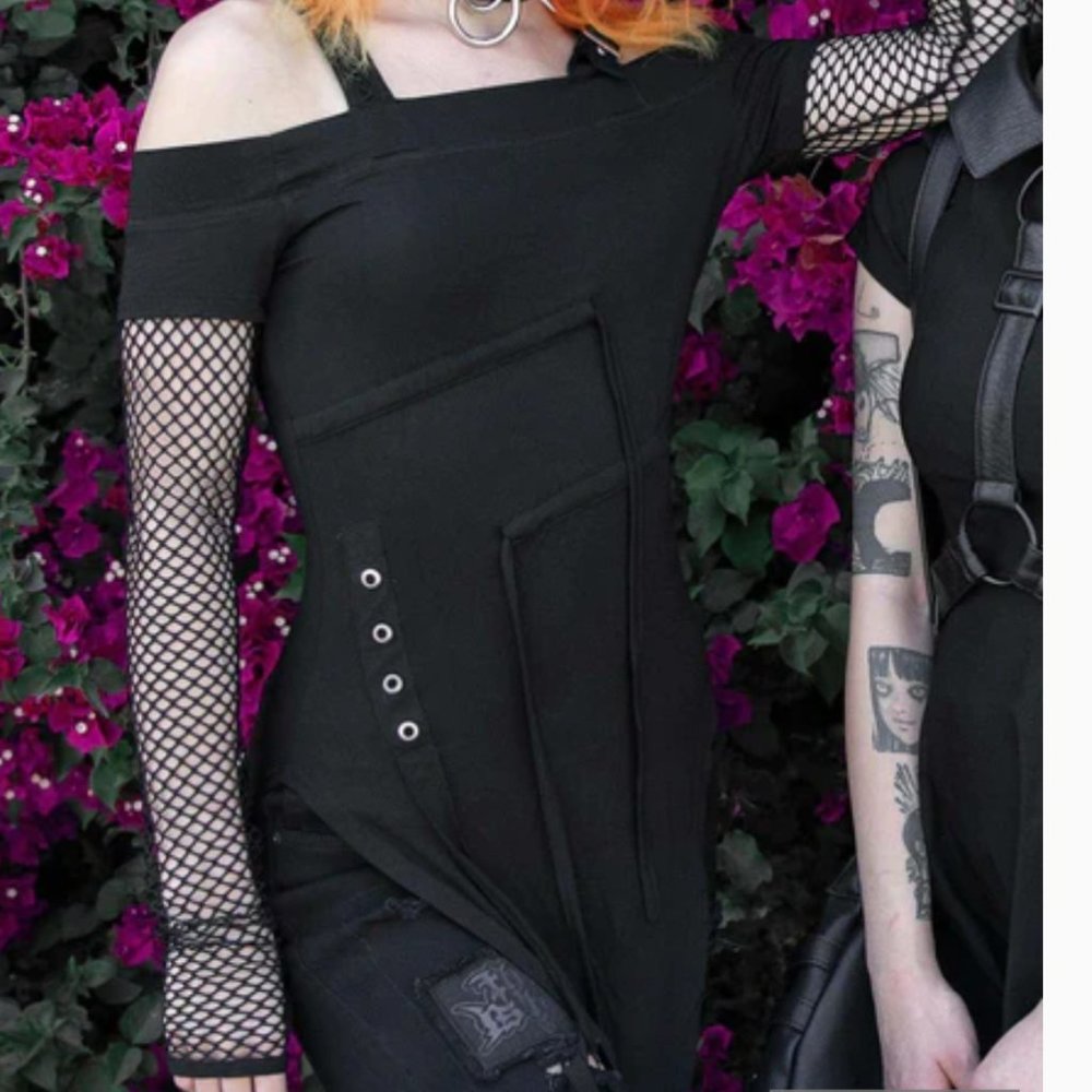 Killstar Hole Heartedly Black Bardot Fishnet Sleeve Top XL